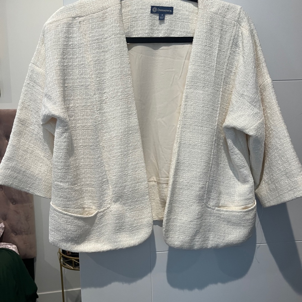 Democracy White Textured Open Front Blazer